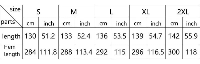 Measurement chart for clothing size S to 2XL in centimeters and inches.