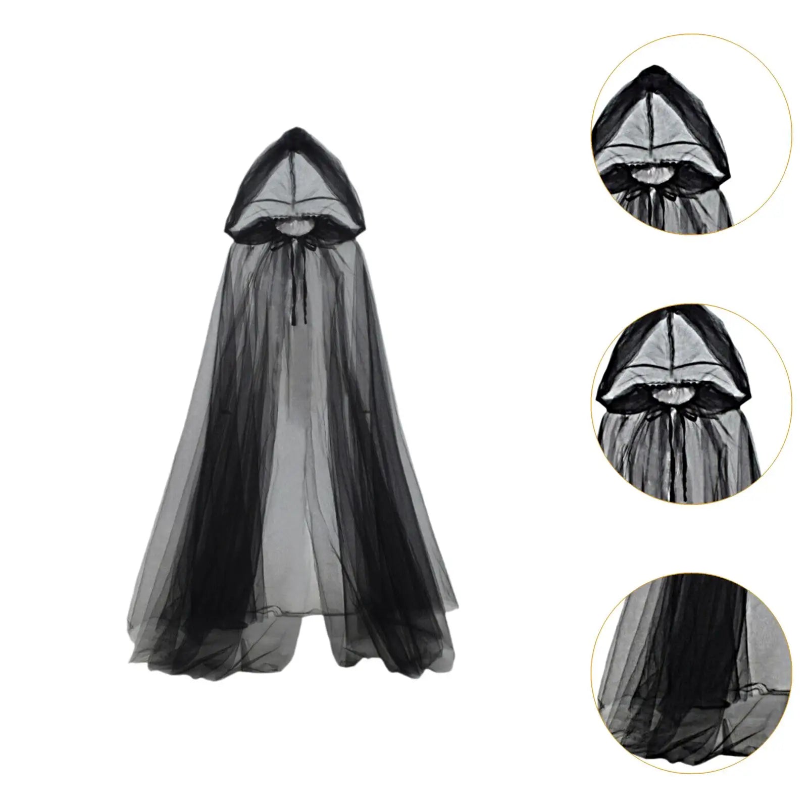 Black hooded cloak with close-up insets on a white background
