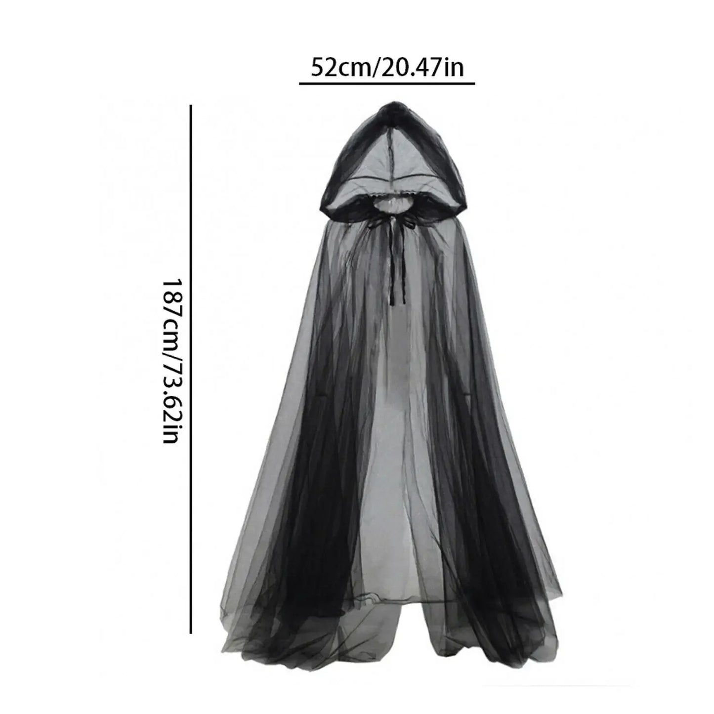 Black hooded cloak with measurements on a white background