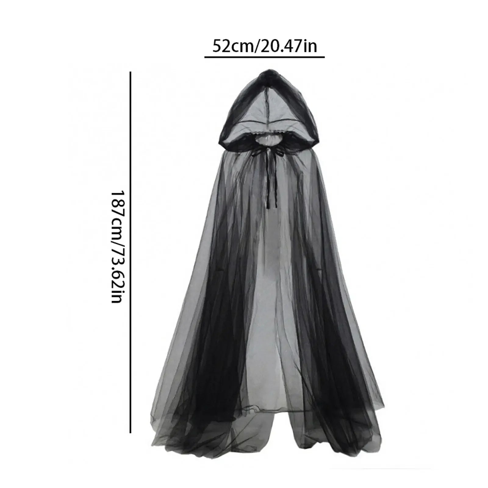 Black hooded cloak with measurements on a white background