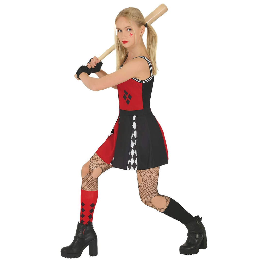 Person wearing a Harley Quinn costume holding a baseball bat on a white background
