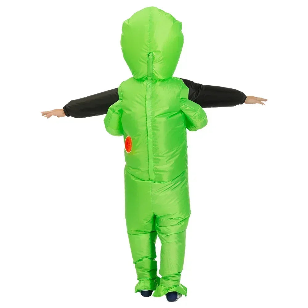 Green inflatable costume with black sleeves on a white background