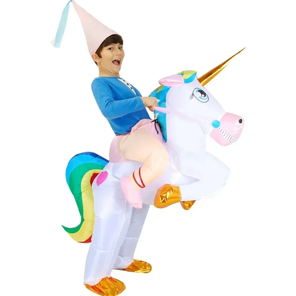 Child in an inflatable unicorn costume with a white background