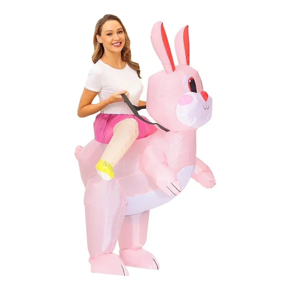 Person wearing an inflatable rabbit costume on a white background