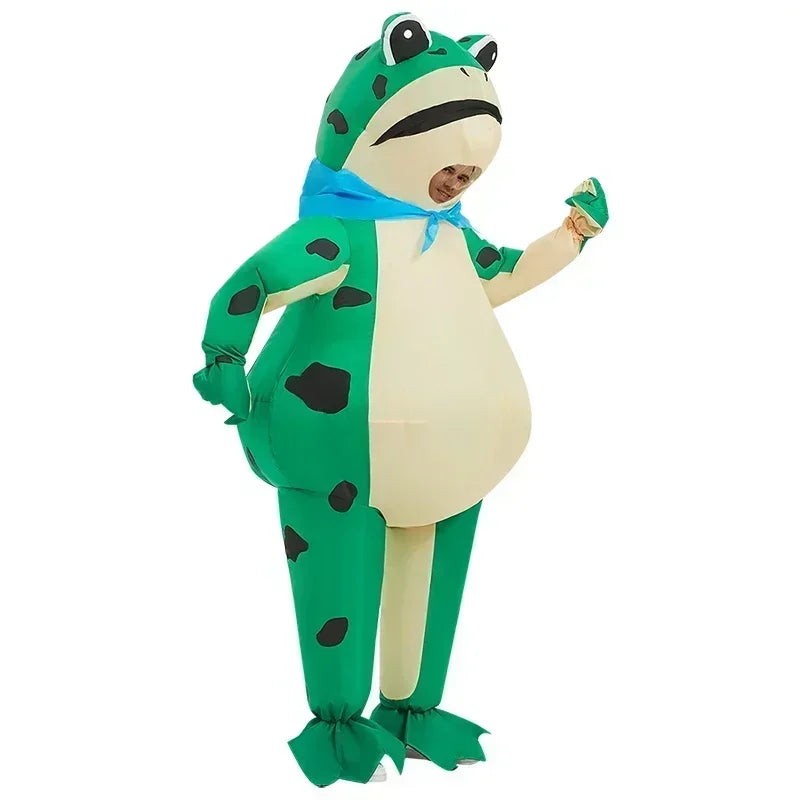 Frog costume with green and black details on a white background