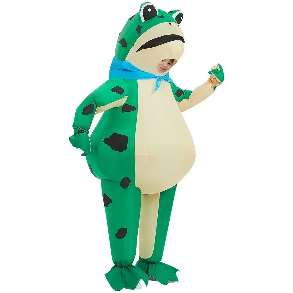 Person wearing a green frog costume on a white background