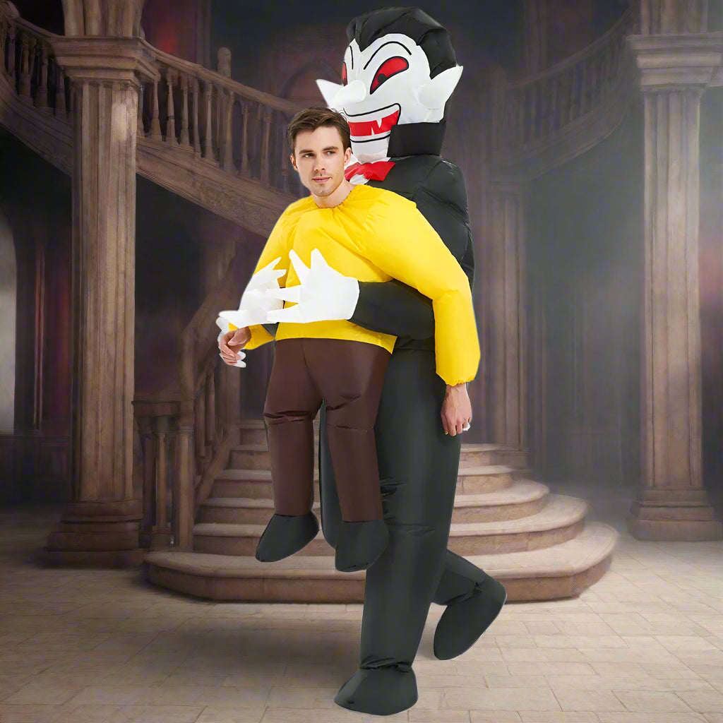 Person wearing a costume with a cartoon character on a white background
