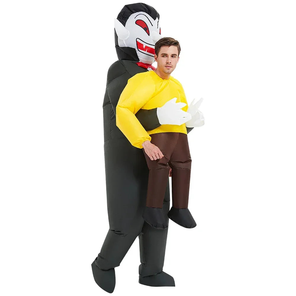 Person wearing a black and yellow inflatable costume with a character's head on top.