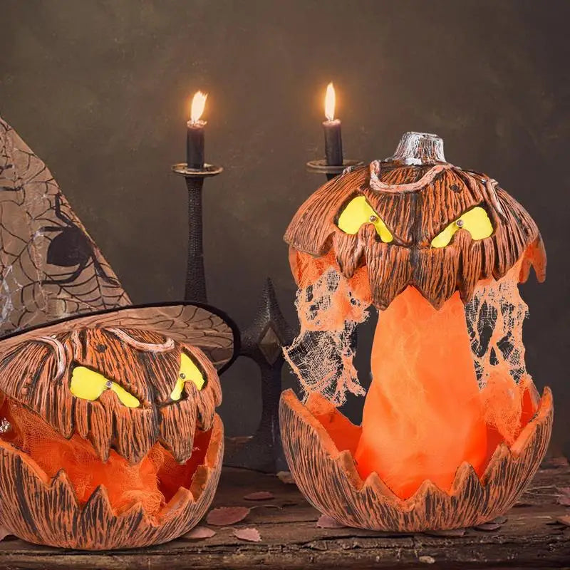 Halloween-themed decorations including jack-o'-lanterns and candles on a dark background.