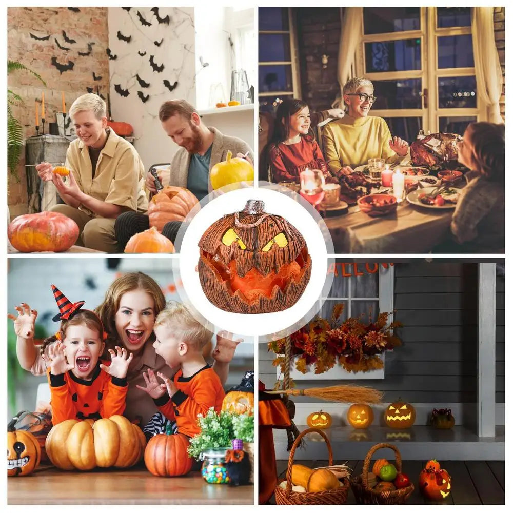 Collage of Halloween-themed activities including carving pumpkins, family gatherings, and decorations.
