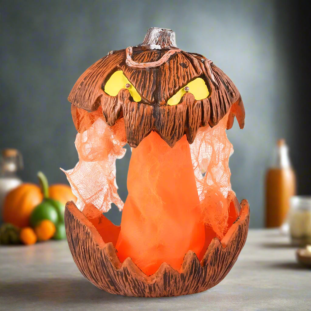 Halloween-themed pumpkin with glowing interior on a white background