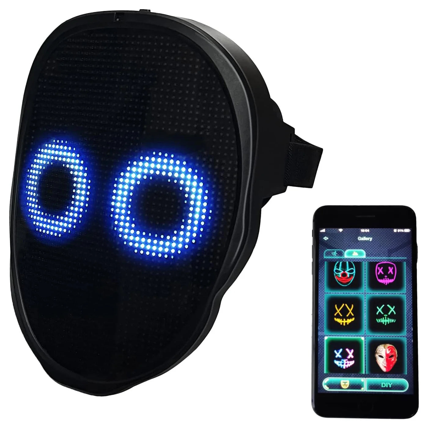 Black LED mask with blue lights and a smartphone displaying app interface on a white background