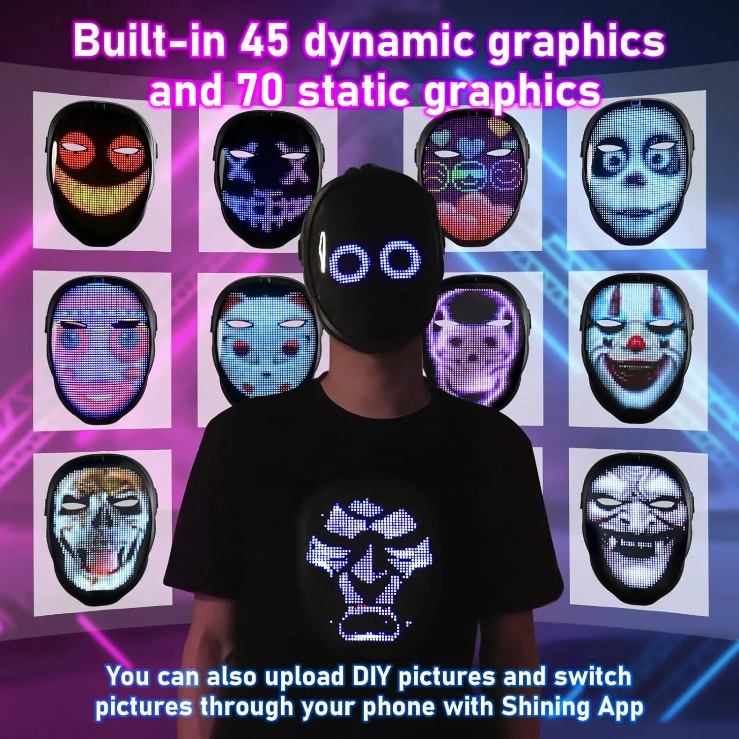 Person wearing a LED mask with dynamic graphics displayed on a screen behind them.