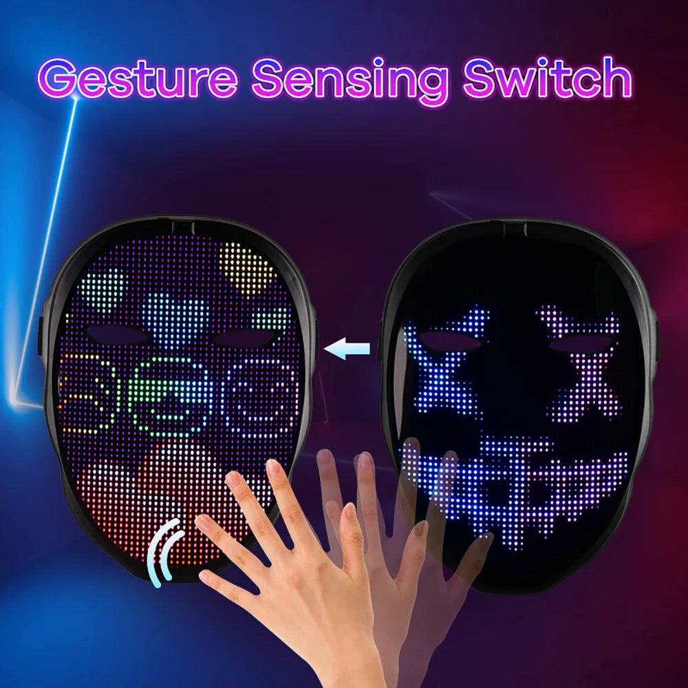LED face mask with gesture sensing switch on a dark background