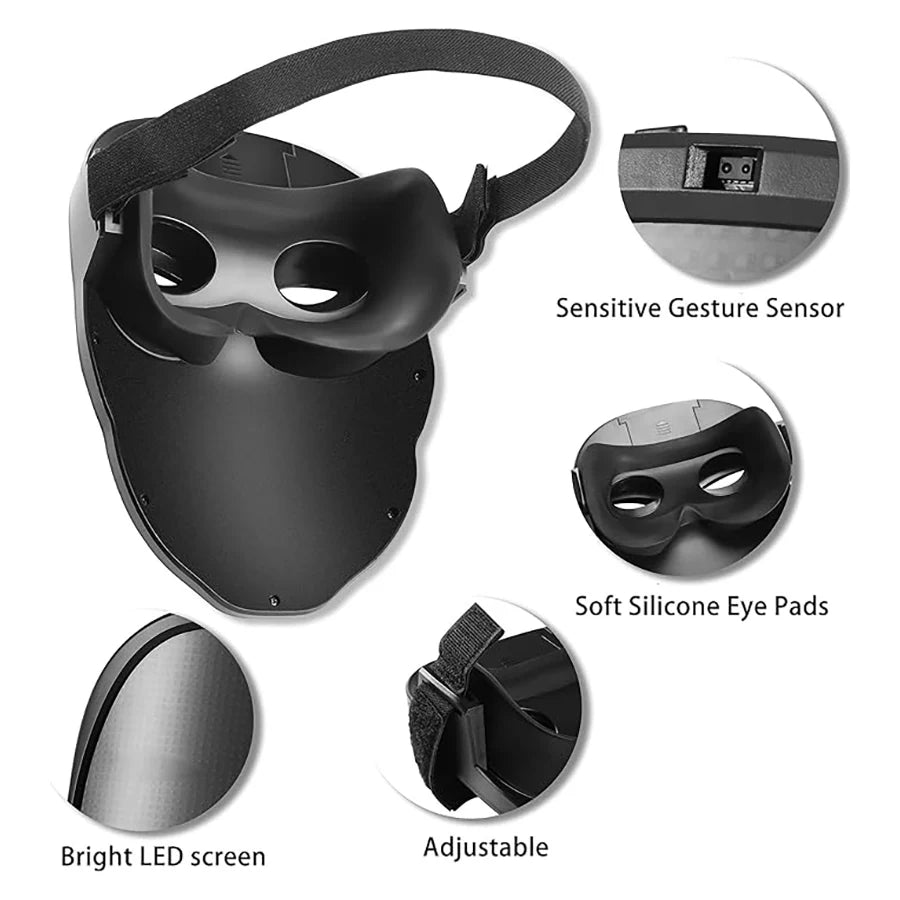 Black virtual reality mask with features highlighted on a white background