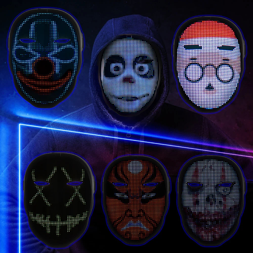 Set of LED masks with various designs on a dark background