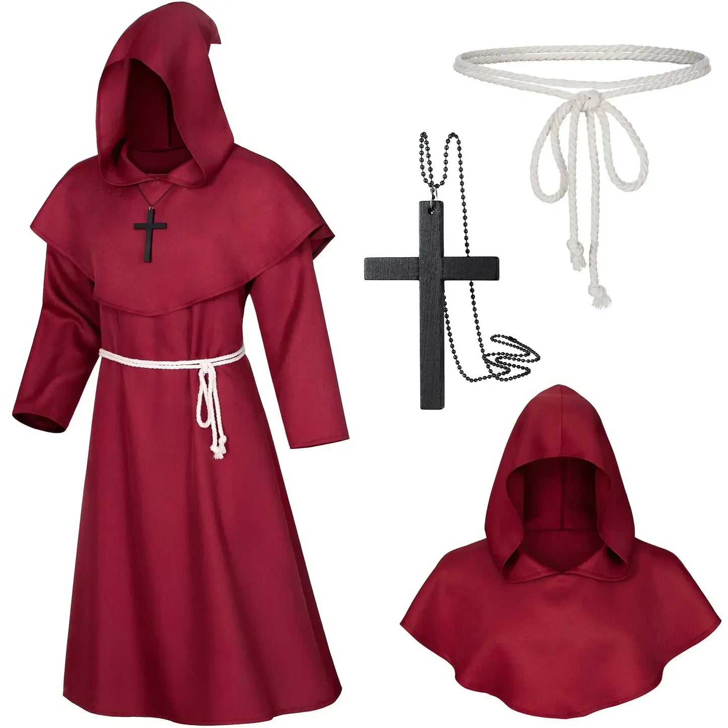 Red hooded robe with cross, white rope, and black cross necklace on a white background