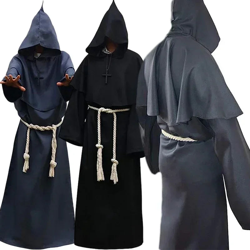 Three hooded cloaks in black, gray, and blue on a white background