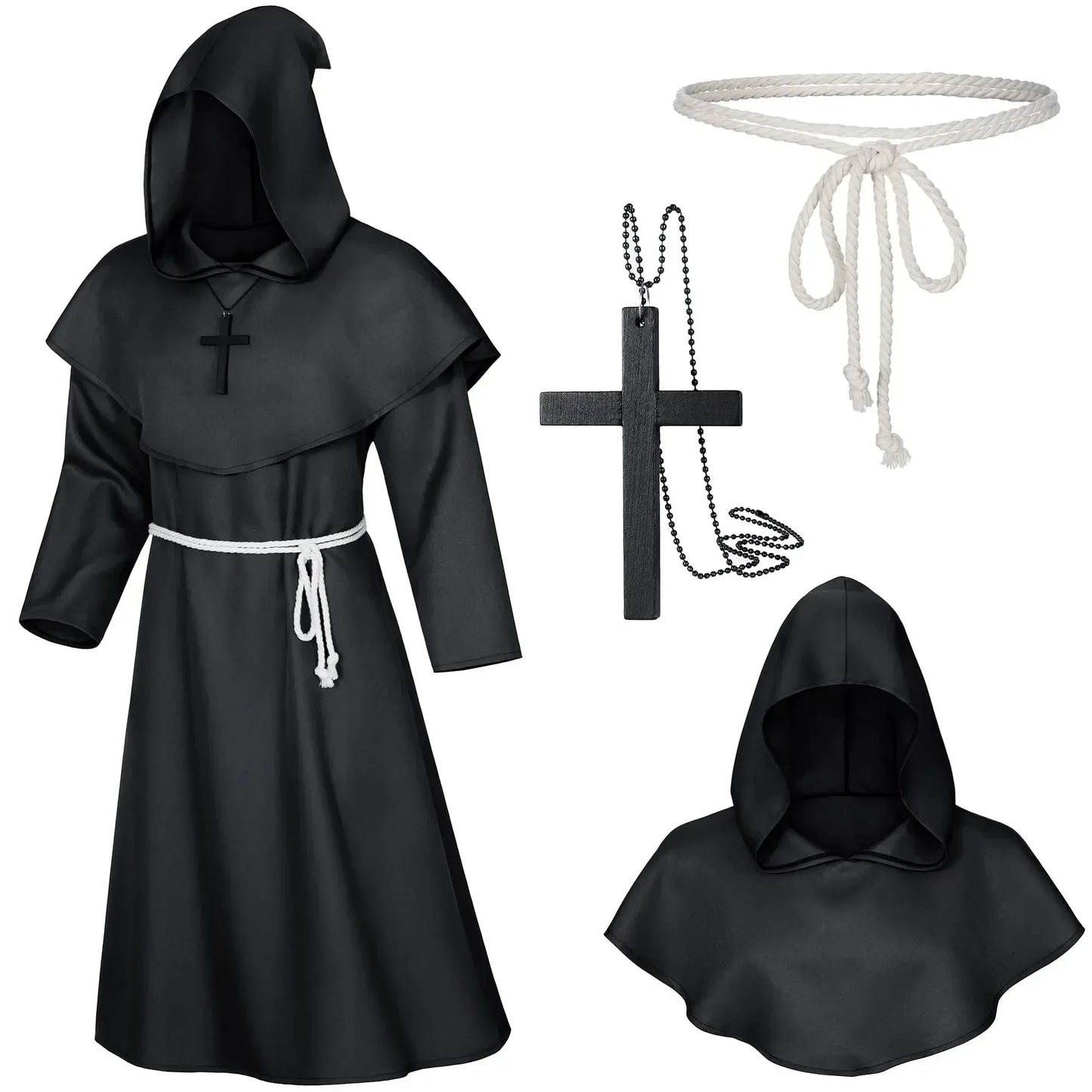 Black monk robe with hood, cross necklace, and additional hood on a white background