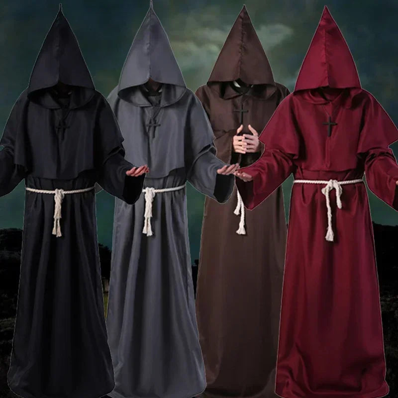 Four hooded cloaks in black, gray, brown, and red against a dark background.