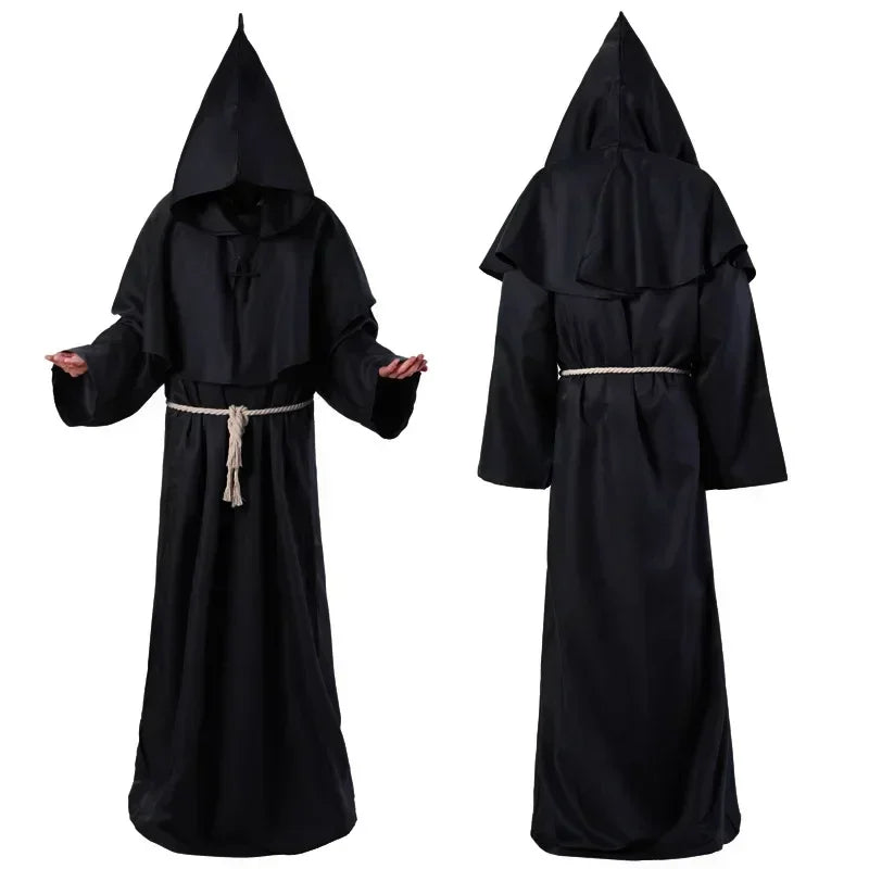 Black hooded robe with a belt on a white background