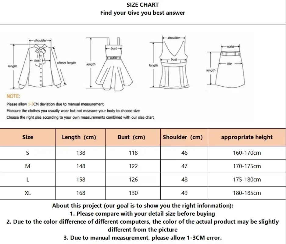 Size chart for clothing with measurements and height ranges