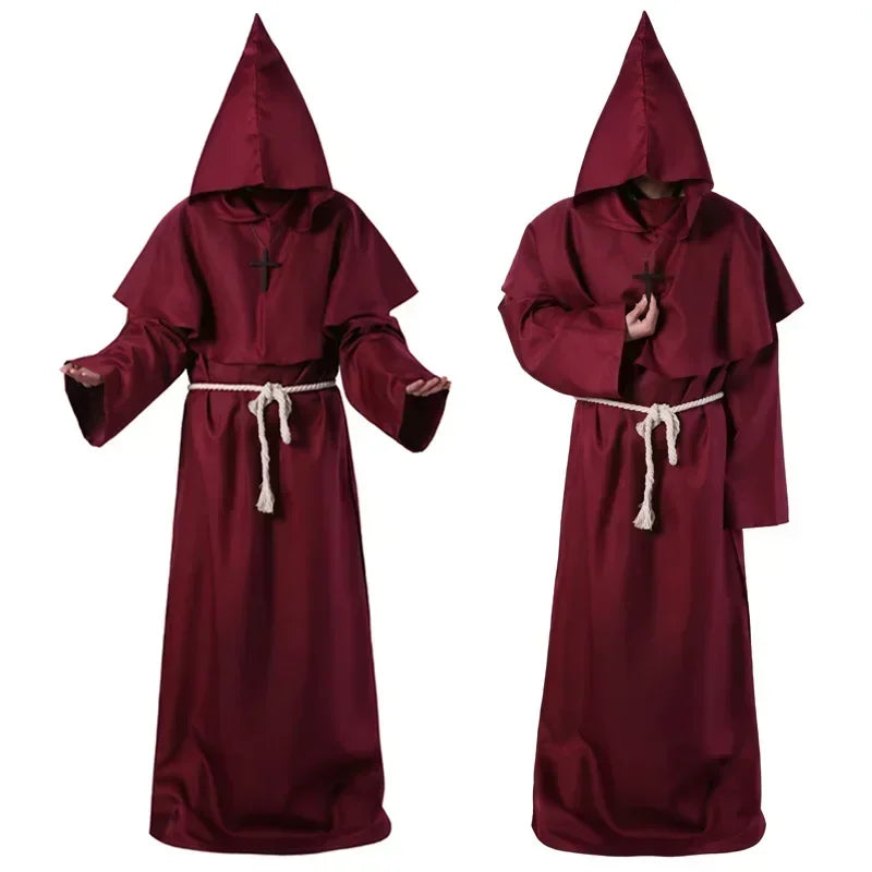 Two maroon hooded cloaks on a white background