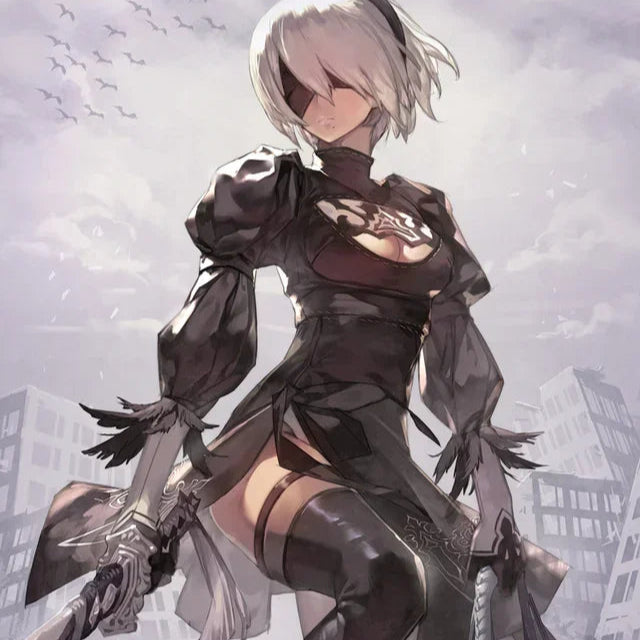 Animated character in a dark outfit with a cityscape background