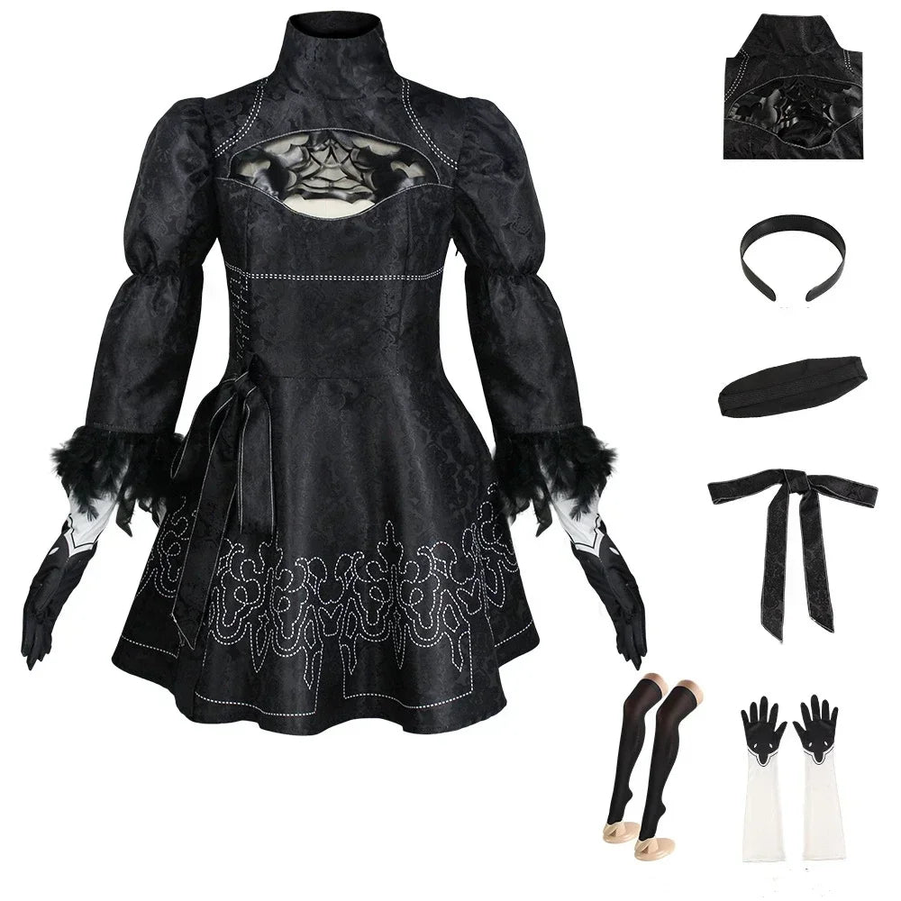 Black gothic-style dress with accessories on a white background