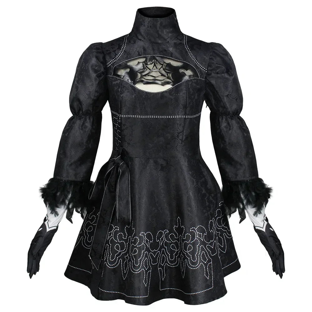 Black gothic dress with spider web design on a white background
