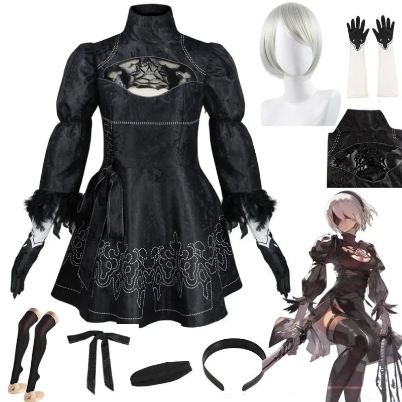 Black dress with intricate designs, white wig, gloves, and other accessories on a white background