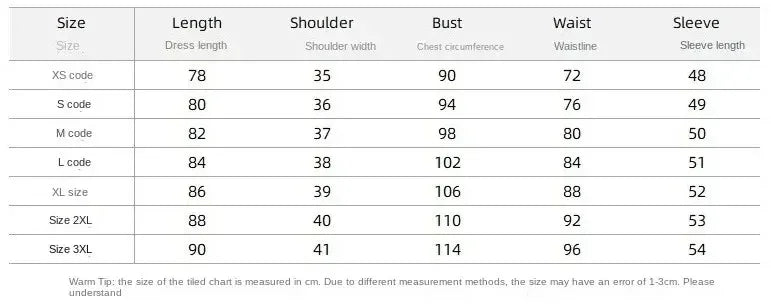Measurement chart for clothing sizes with dimensions listed.