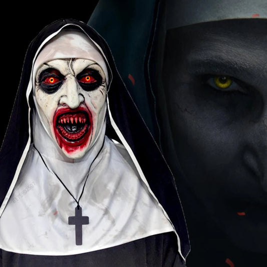 Halloween-themed mask with a nun's outfit and eerie face design, featuring red eyes and blood-like mouth, with 'Tizzyc Decoration Store' branding.