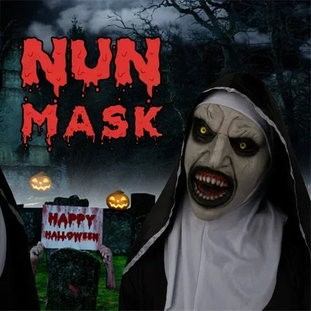 Halloween-themed image with a nun mask and 'Happy Halloween' sign against a dark background.