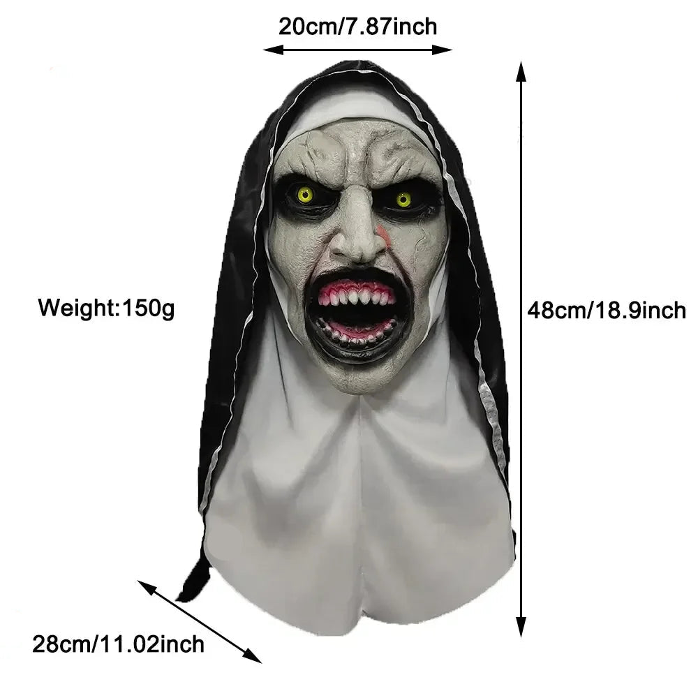 Horror-themed mask with measurements and weight displayed on a white background