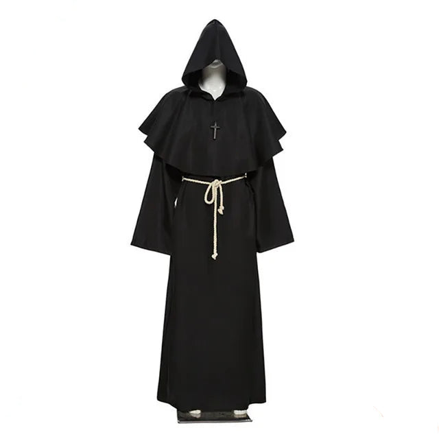 Black hooded robe with a cross and red stain on a white background