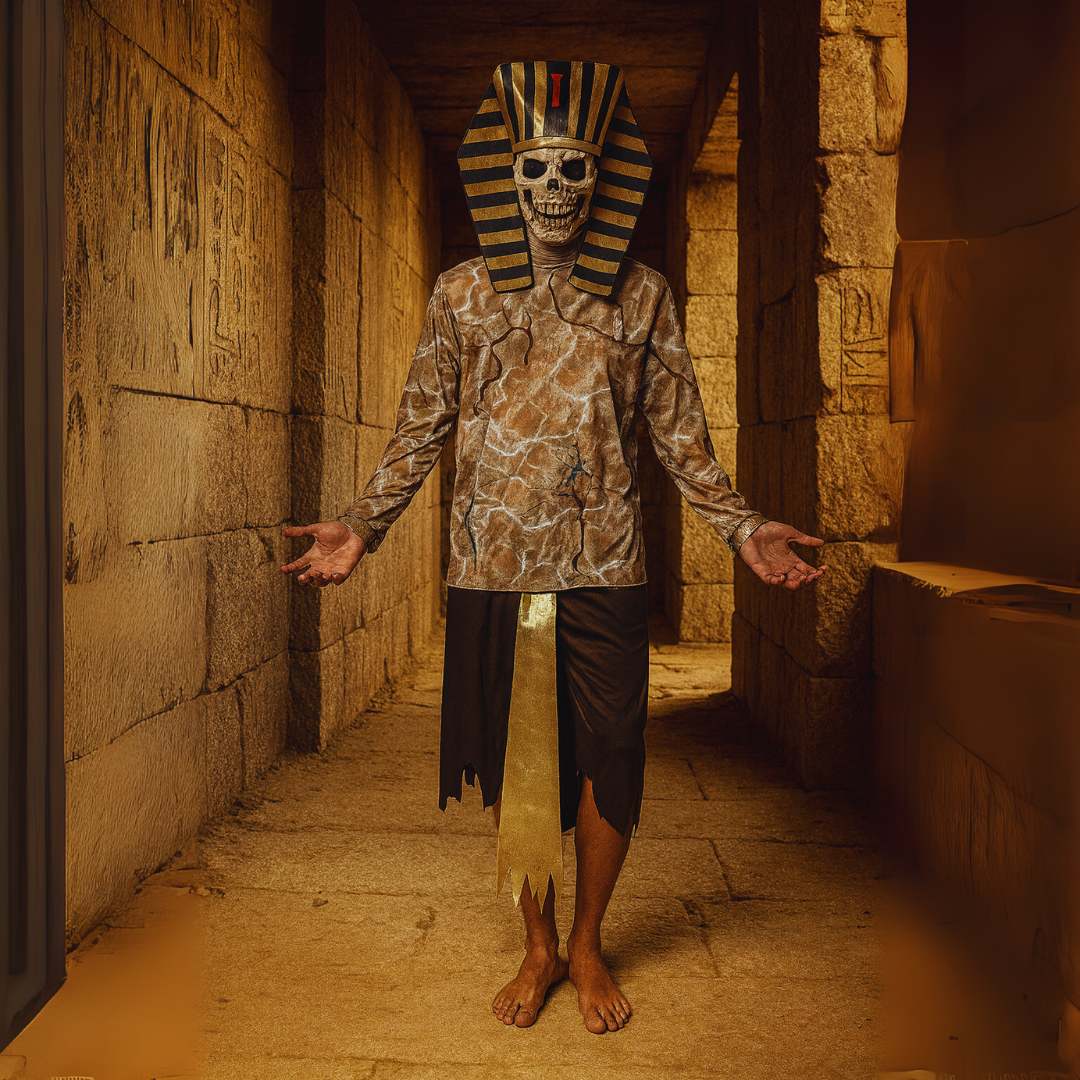 Person wearing an Egyptian pharaoh costume with a skull mask in a stone corridor.