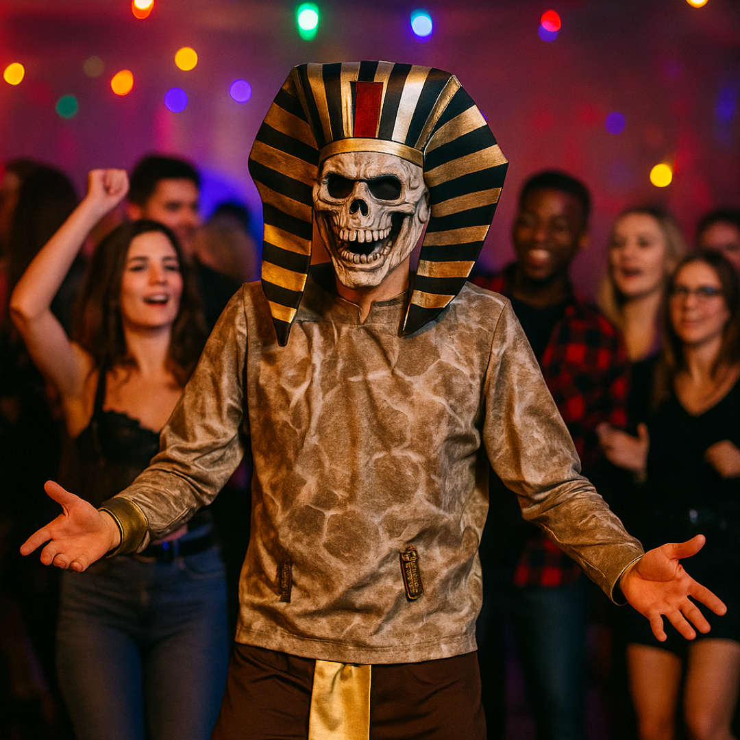 Person in a skeleton Pharaoh costume with a crowd in the background