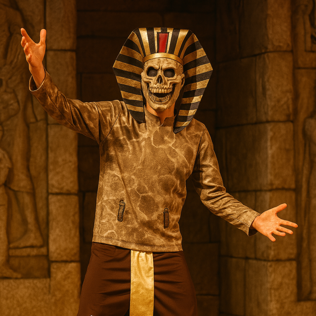 Person wearing an Egyptian pharaoh costume with a skull mask against a stone wall background.
