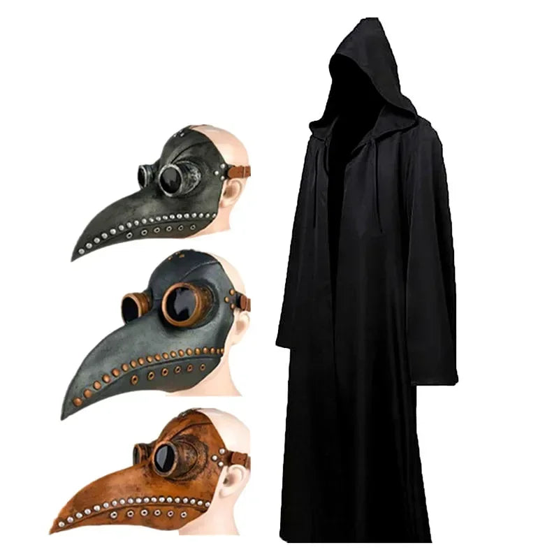 Three plague doctor masks with long beaks and a black hooded cloak on a white background.
