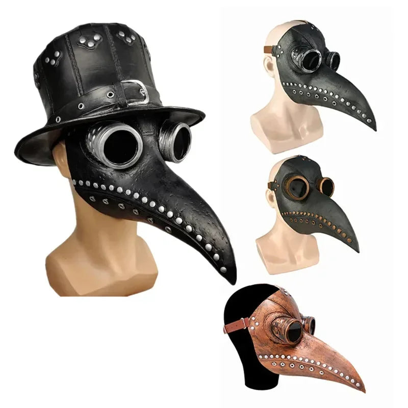 Plague doctor masks in black, brown, and beige on mannequin heads against a white background.