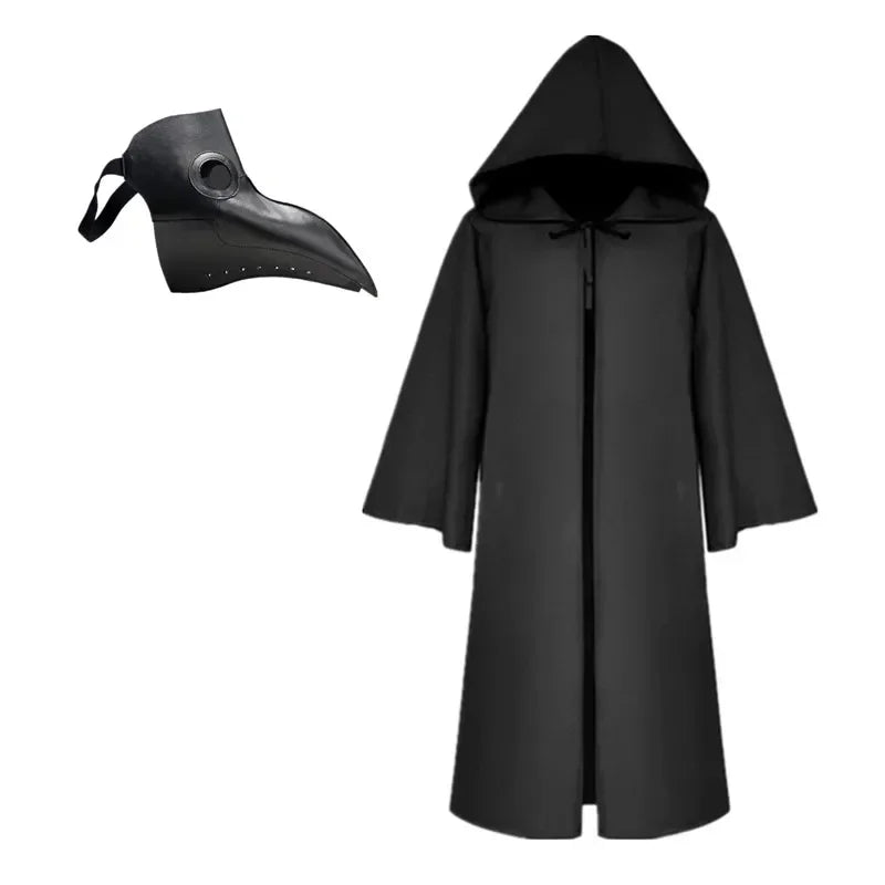 Black hooded cloak and plague doctor mask on a white background