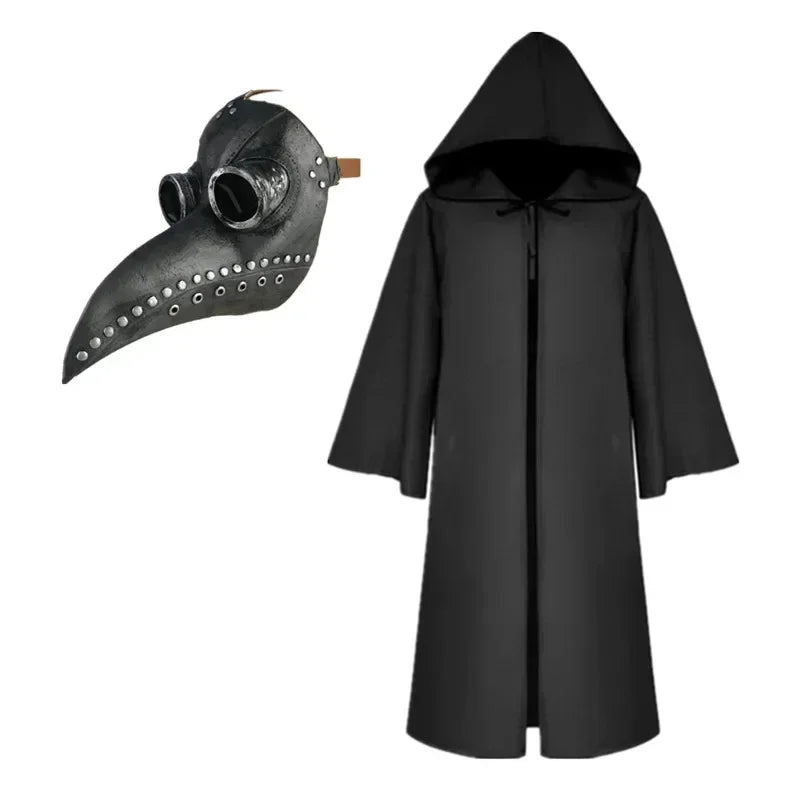 Black hooded cloak and plague doctor mask on a white background