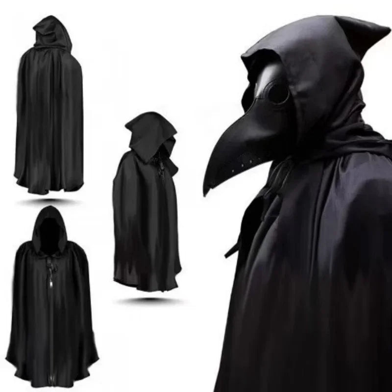 Black hooded cloak with bird-like mask on a white background
