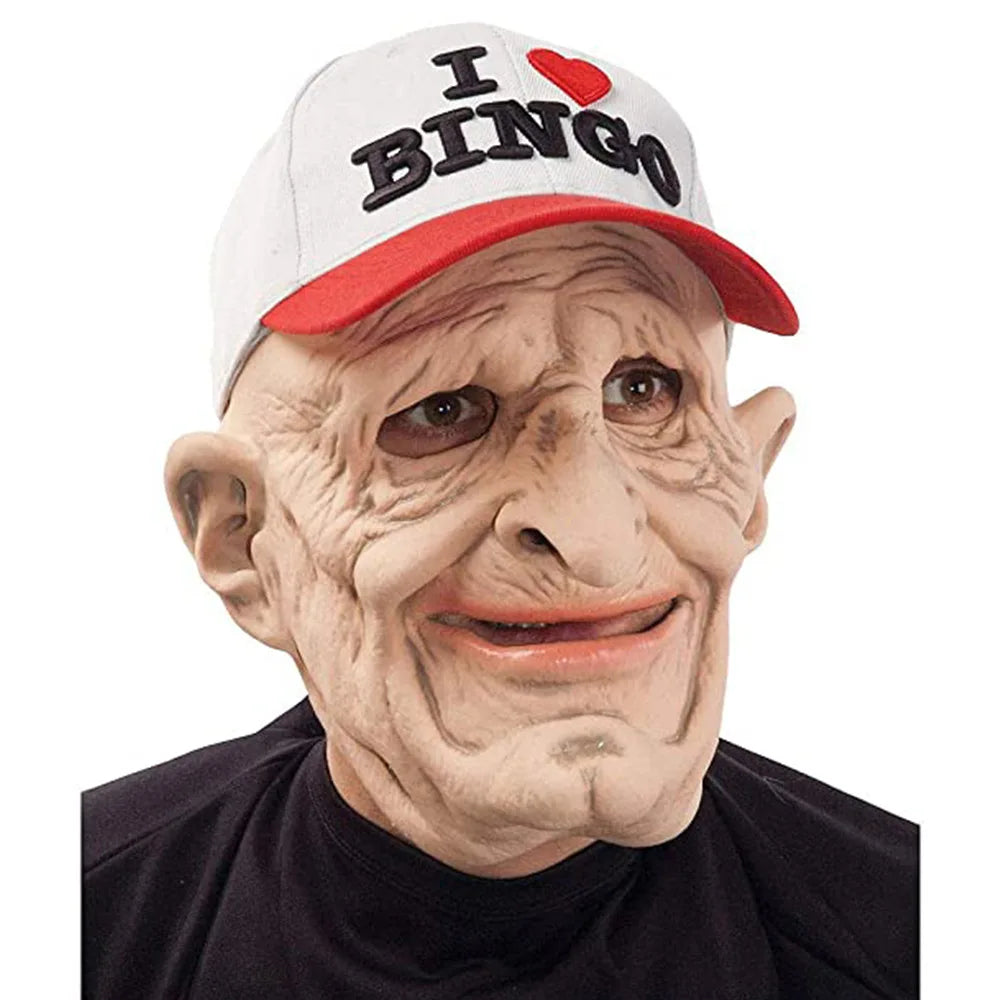 Person wearing an elderly mask and a cap with 'I ❤️ BINGO' text on a white background