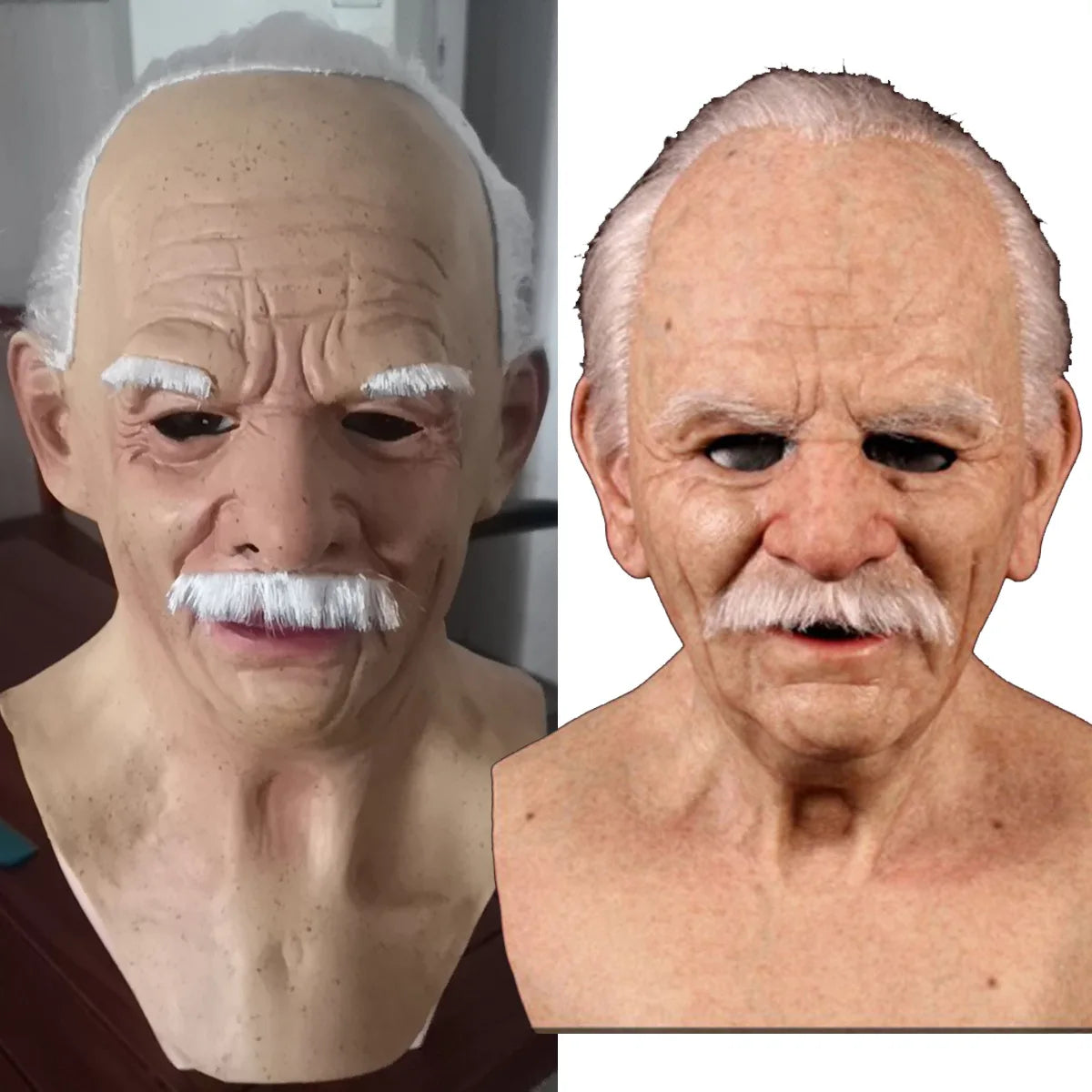 Two images side by side showing a person with and without makeup, highlighting the effect of aging makeup.