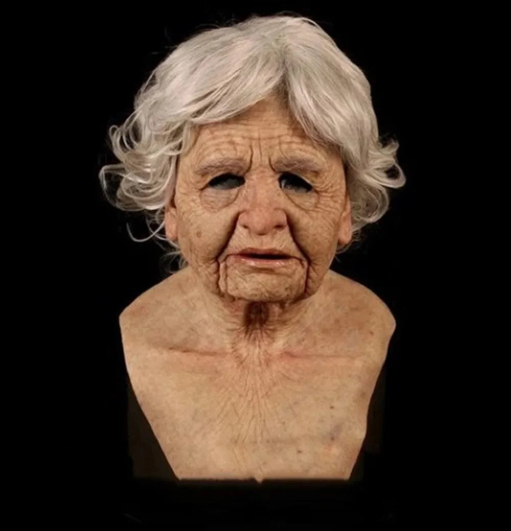Bust of an elderly woman with white hair on a black background