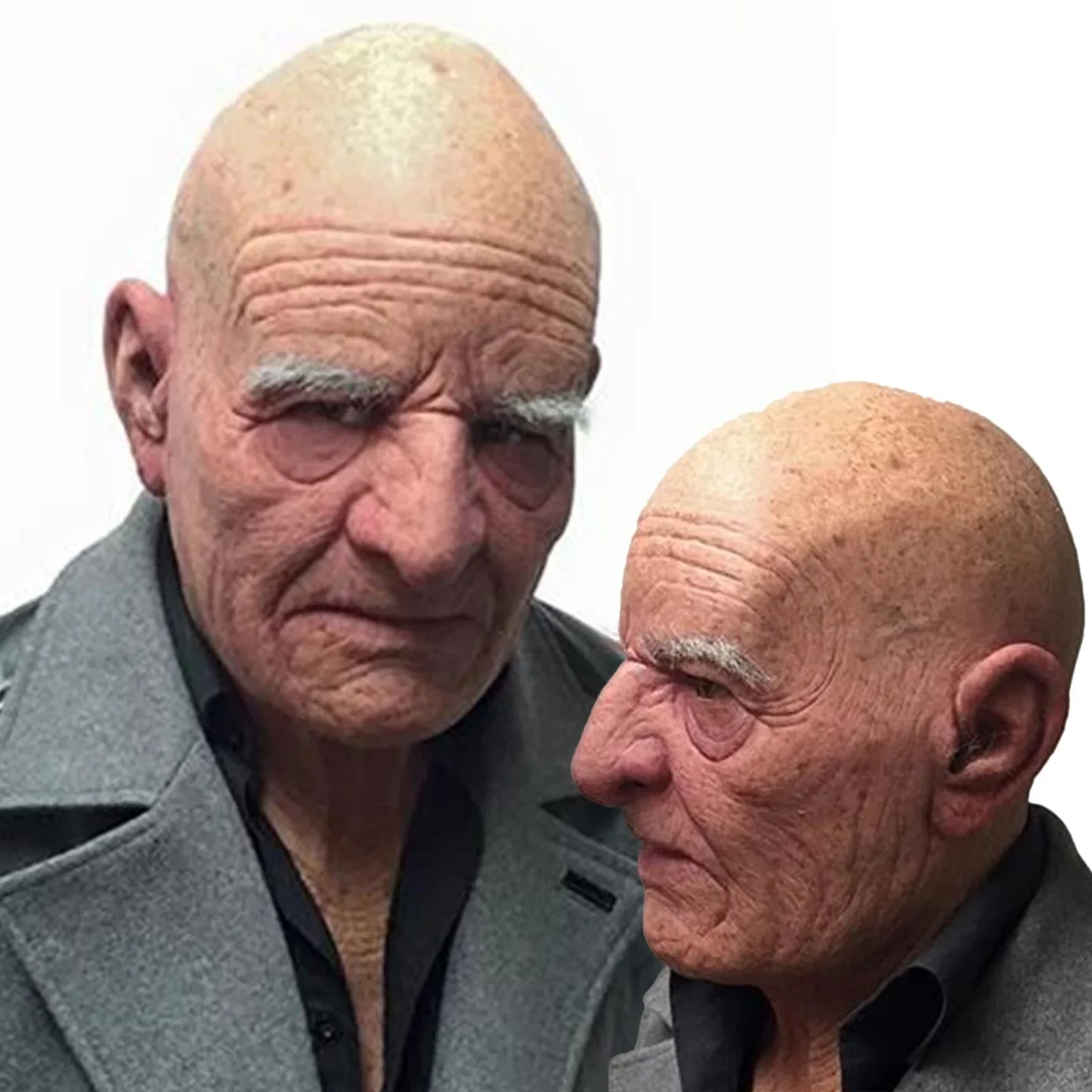 Two identical men with bald heads and gray coats on a white background