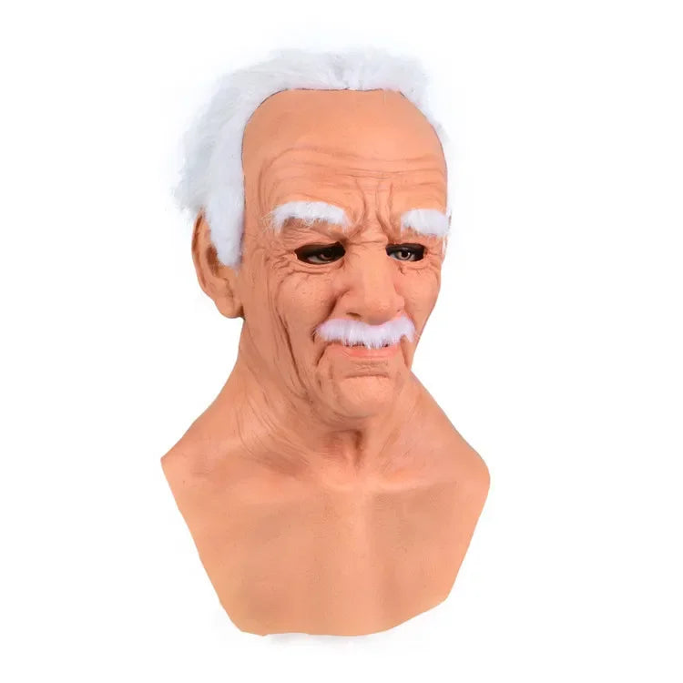Mask resembling an elderly person with white hair and mustache on a white background