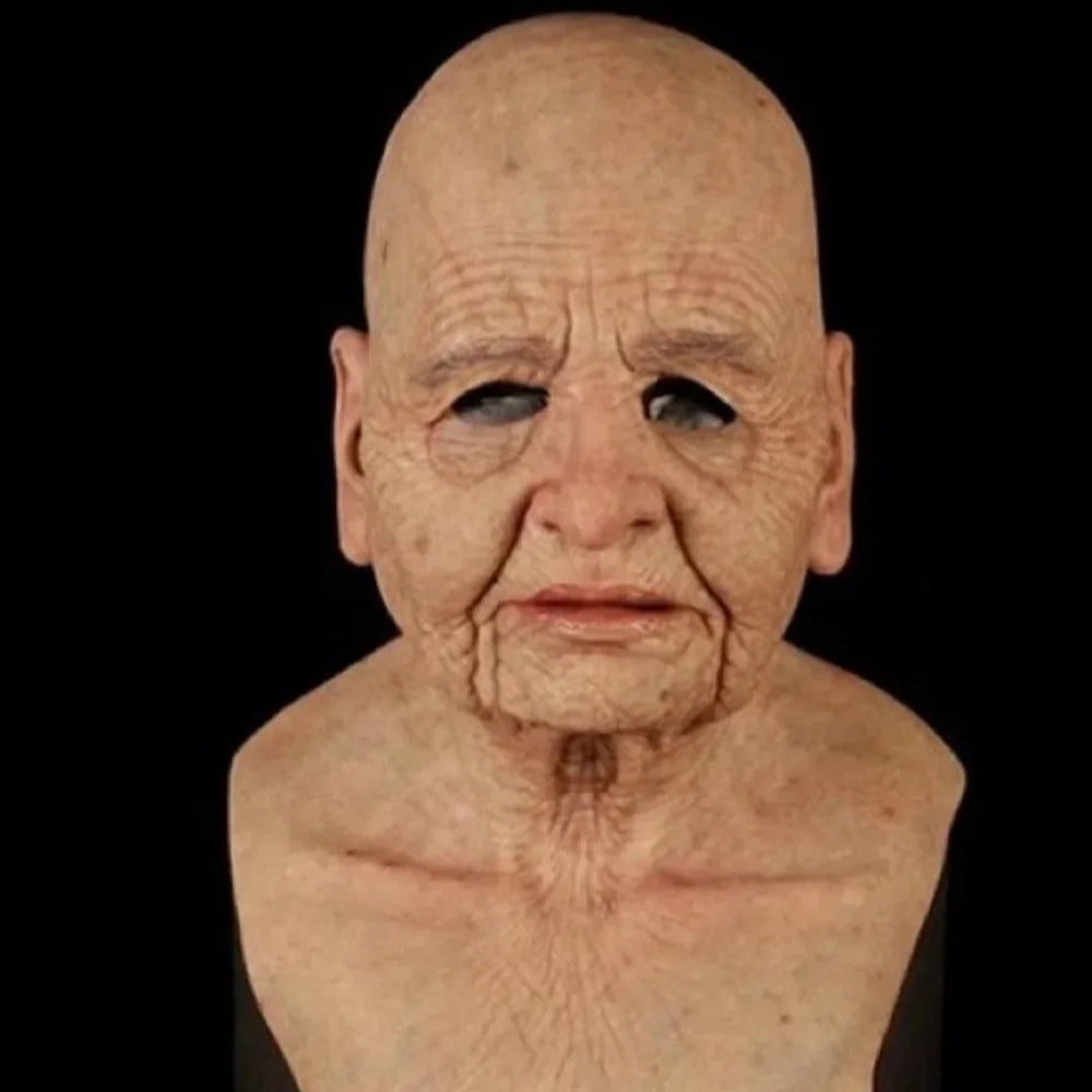 Bust of an elderly person with deep wrinkles and a bald head on a black background